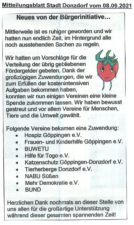Bürgerinitiative Spenden Mitteilungsblatt Donzdorf